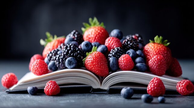 A vibrant assortment of fresh berries spilling from an open book.