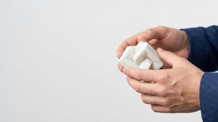 Start up business concept with hands holding white wooden puzzle cube symbolizing problem solving and innovation in entrepreneurship