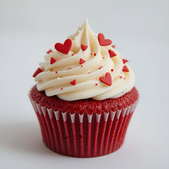 Mini red velvet cupcakes topped with creamy white frosting.