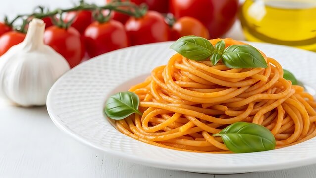 A plate of spaghetti with tomato sauce and basil leaves alongside garlic and cherry tomatoes