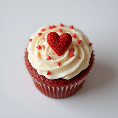 Mini red velvet cupcakes topped with creamy white frosting.
