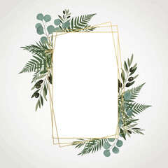 Elegant botanical design featuring a geometric gold frame decorated with watercolor eucalyptus, fern, and olive leaves