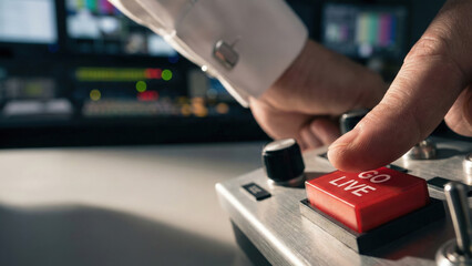 Start up business concept showing hand pressing red go live button on control panel in broadcast studio environment