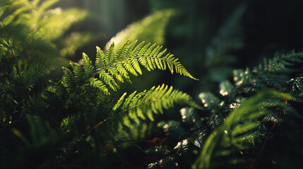 Close-Up Of Lush Green Ferns In A Mysterious Forest With Sunlight Filtering Through Leaves