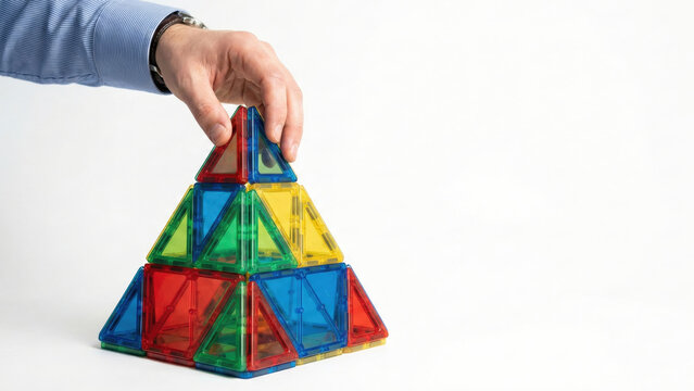 Start up business concept with colorful magnetic triangle blocks building pyramid shape showing growth and creativity