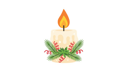 Festive candle decoration with evergreen boughs and sparkling light