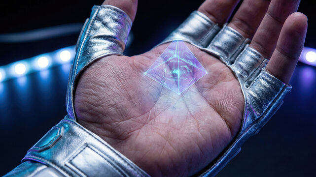 Futuristic start up business concept showing holographic digital cube projected from hand wearing metallic gloves in dark environment