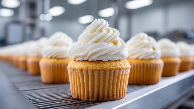 Cupcakes on a conveyor belt in a bakery