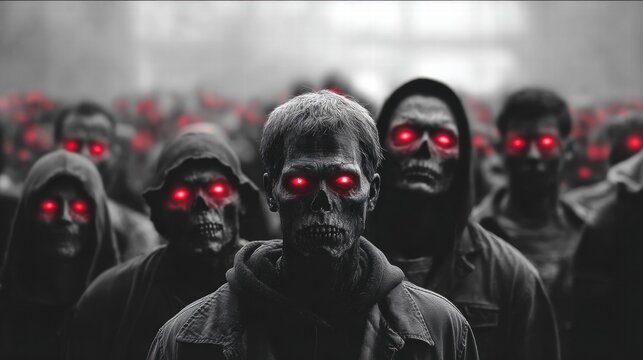 A chilling image of a horde of zombies with glowing red eyes.
