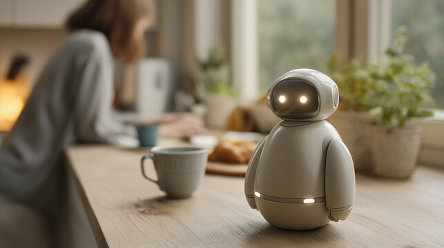 Friendly Home Assistant Robot By The Kitchen Table Helping A Person At Breakfast - Powered by Adobe