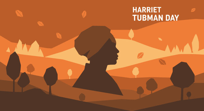 Harriet Tubman Day silhouette illustration with autumn landscape.