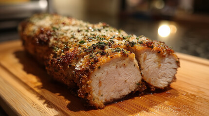 Garlic Parmesan Crusted Roasted Pork Loin With Herbal Seasoning On Wooden Board, Golden Slices Garnished