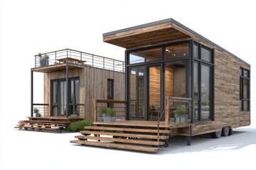 Modern tiny houses with wooden siding and contemporary design featuring decks and greenery in a bright outdoor setting