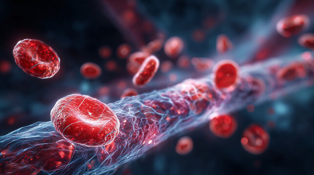 Close-Up Of Red Blood Cells Moving Through A Vein With Hemoglobin In The Bloodstream - Powered by Adobe