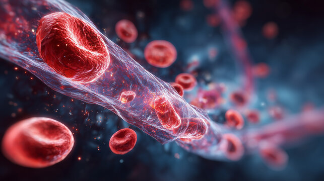 Close-Up Of Red Blood Cells Moving Through A Vein With Hemoglobin In The Bloodstream - Powered by Adobe