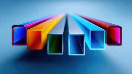 A visually striking image showcasing an array of colorful, geometric tubes on a blue background.