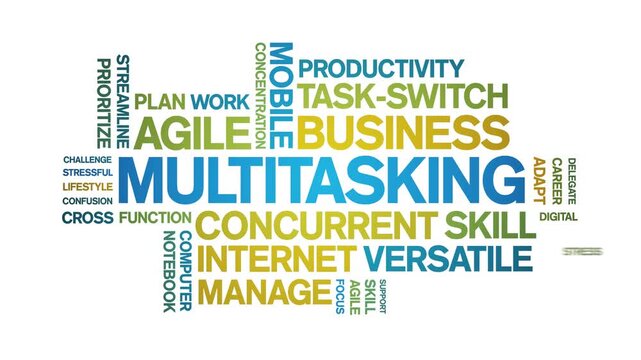 Multitasking animated word cloud-text design animation tag kinetic typography seamless loop.