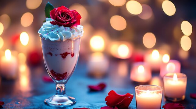 Whipped cream milkshake with vibrant colors a red rose and romantic candles around