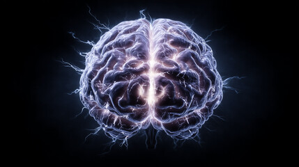 Electric Brain With Glowing Neural Networks and Lightning Arcs in Dark Background