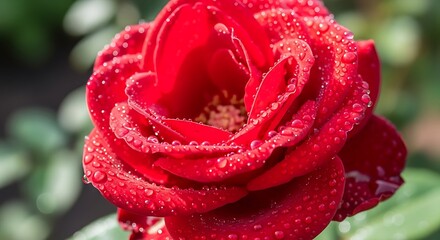Close-up of a red rose with dew drops sparkling in sunlight.