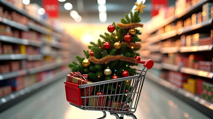 Christmas shopping christmas tree in shopping cart grocery store aisle