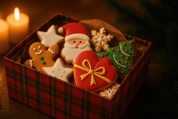 Delivery christmas gifts Delightful Christmas cookies in festive box, featuring Santa, heart, and various shapes, evoke holiday cheer