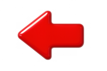 Red glossy 3d arrow pointing left indicating direction, navigation, back, and previous action with transparent background
