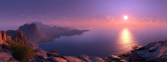 Naklejka premium Coastal landscape sunset view with mountains and water reflections