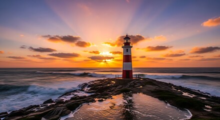 Fototapeta premium Lighthouse stands on rocky coast at sunset with sunbeams illuminating the sky.