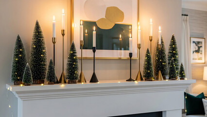 A festive mantelpiece decorated with miniature bottle brush trees and elegant candle holders with lit candles.