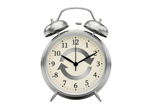 Silver alarm clock with cycle arrows isolated on transparent background - Powered by Adobe