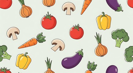 A cheerful pattern of assorted fresh vegetables on a light background.