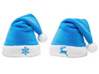 Two festive blue santa hats with snowflake and reindeer designs