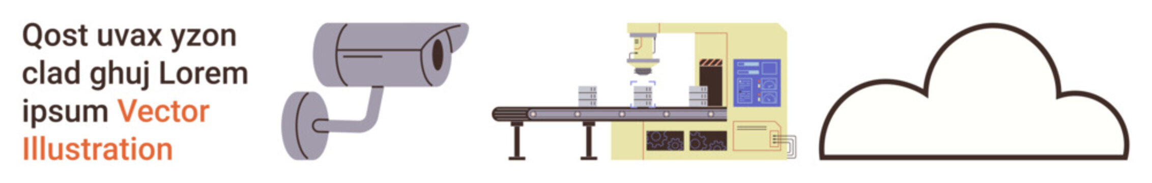 Security, industrial automation, technology infrastructure, cloud computing, data storage, AI systems. Surveillance camera, robotic arm on a conveyor and a cloud icon. Security and industrial