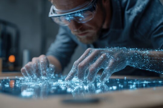 Man engaged in holographic technology work, exploring the Internet of Things in a modern workspace, showcasing advanced digital interaction and innovation