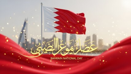 Bahrain national day celebration with flag and city skyline