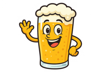 Happy cartoon beer glass character with arms and foaming head waving hand, welcoming and celebrating, transparent background