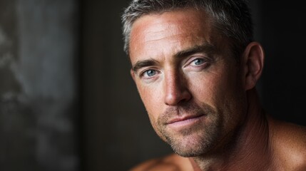 Fototapeta premium Confident clean-shaven man poses indoors with a calm expression and soft lighting in a modern setting, showcasing a strong sense of self-assurance and style
