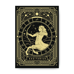 Sagittarius zodiac card designed with a luxurious engraved aesthetic, infused with mystical and bohemian symbolism, ideal for spiritual and tarot-focused theme