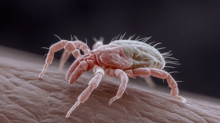 Fototapeta premium Close-up view of a tick crawling on a human skin surface showcasing its legs and body structure in detail during daylight hours in a natural setting
