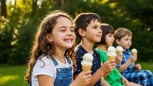A group of children are sitting outside eating ice cream cones on a sunny day in the park setting - Powered by Adobe