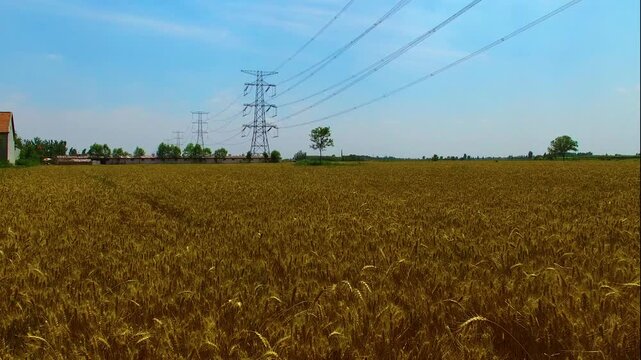 High Voltage Transmission Towers Over Rural Farmland