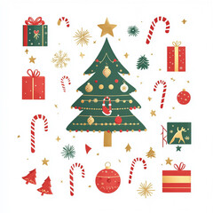 Vector illustration of Christmas symbols: tree, gifts, ornaments, candy canes, and stars. Minimalist flat geometric style,