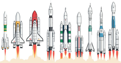 Detailed Vector Collection of Various Historical and Modern Space Rockets Launching, Science Exploration, Space Travel, Startup Business Concepts, Technology Development, 