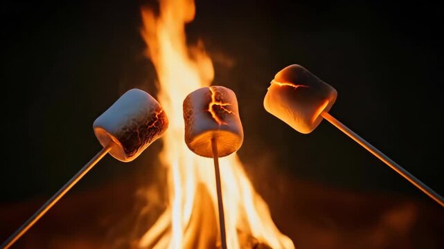 Marshmallow roasting over campfire flames in outdoor night scene