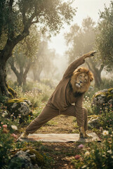 lion doing yoga surrounded by beautiful nature