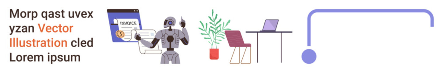 Artificial intelligence, finance automation, office setup, modern work environment, technology trends, abstract design. Robot analyzing invoice, desk with chairs and abstract line art. Artificial