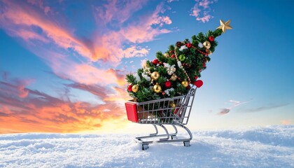 Festive Holiday Shopping Decorated Christmas Tree in a Shopping Cart Amidst a Serene Snowy Landscape Under a Vivid Sunset Sky