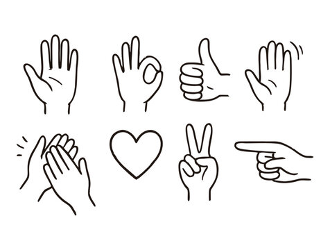 Hand-drawn icons of different human hand gestures and heart shape.