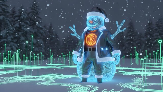 A futuristic 3D snowman with a neon Bitcoin logo, wearing a sleek, modern Santa Claus suit, set against a backdrop of glowing circuit patterns and winter scenery
